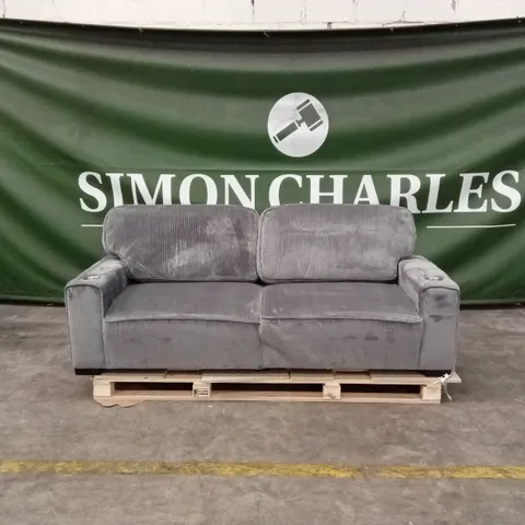 MODERN 220cm 3-SEATER CORDUROY SOFA WITH ULTRA-WIDE SQUARE ARMRESTS, CUP HOLDERS AND STORAGE POCKETS - GREY