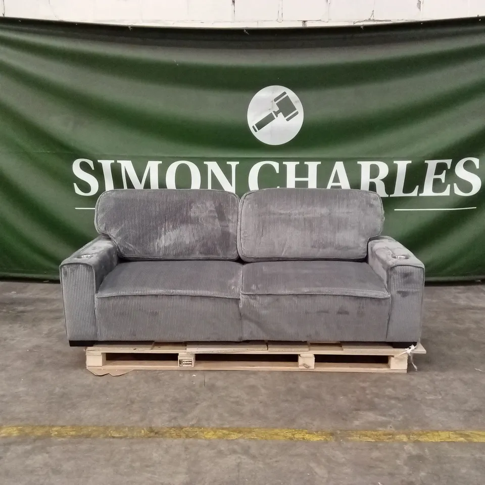 MODERN 220cm 3-SEATER CORDUROY SOFA WITH ULTRA-WIDE SQUARE ARMRESTS, CUP HOLDERS AND STORAGE POCKETS - GREY