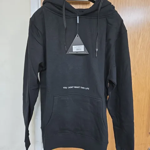BLACK HOODIE WITH NEON TRIANGLE GRAPHIC – 'YOU DON'T WANT THIS LIFE' SIZE M