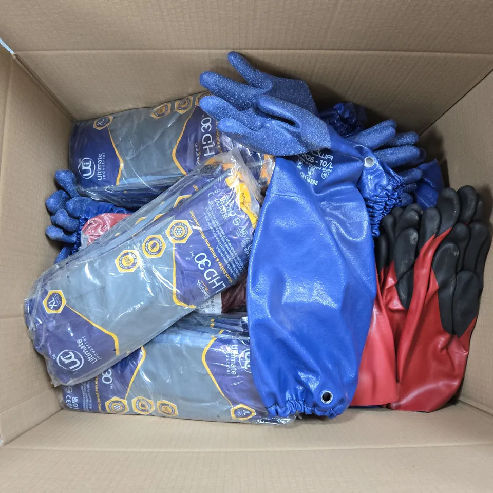 APPROXIMATELY 15 ASSORTED SAFETY CLOTHING ITEMS IN VARIOUS SIZES TO INCLUDE ULTIMATE INDUSTRIAL GAUNLETS, DUPONT TYCHEM F PROTECTIVE OVERALL, PROTECTIVE GLOVES, ETC