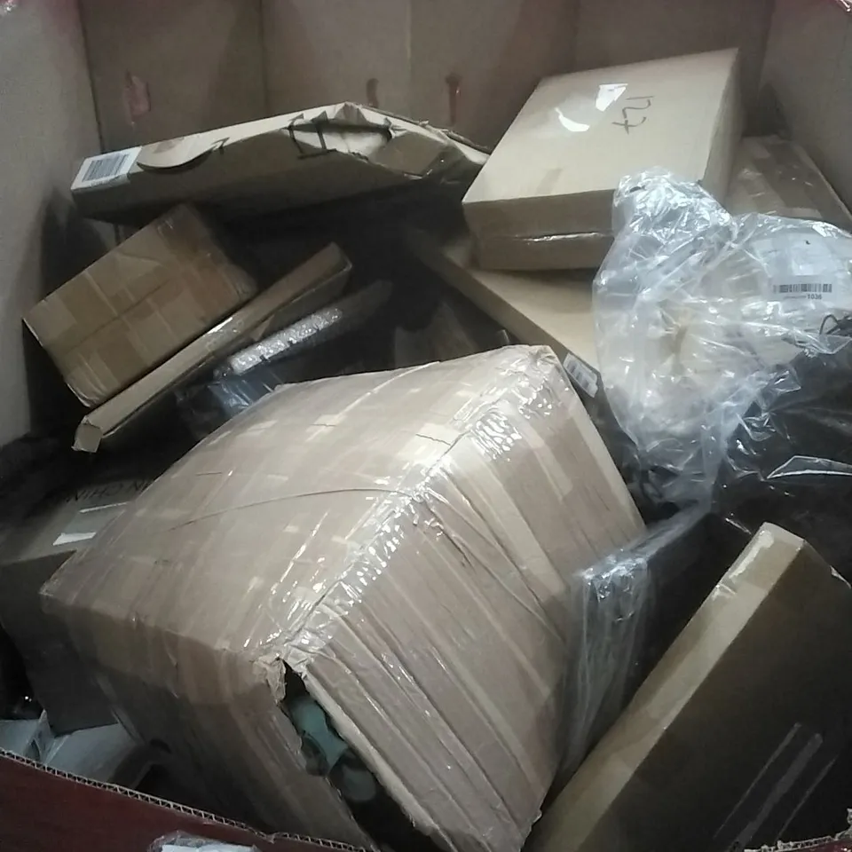 PALLET OF ASSORTED HOUSEHOLD GOODS AND PRODUCTS TO INCLUDE; TENNIS RACKET, DURABLE TOILET SEAT, BLINDS, BOXED FURNITURE ETC
