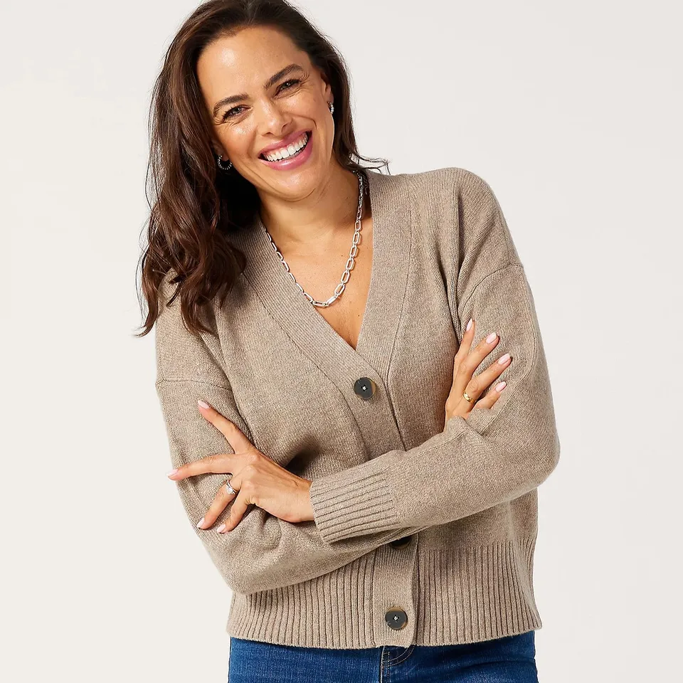 RUTH LANGSFORD BUTTON THROUGH CARDIGAN TAUPE MEDIUM