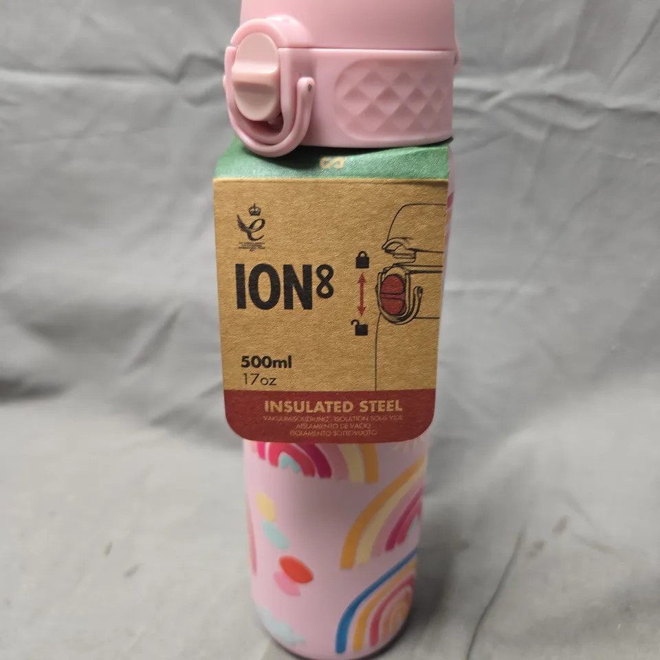 ION8 INSULATED WATER BOTTLE – PINK WITH RAINBOW DESIGN, 500ML