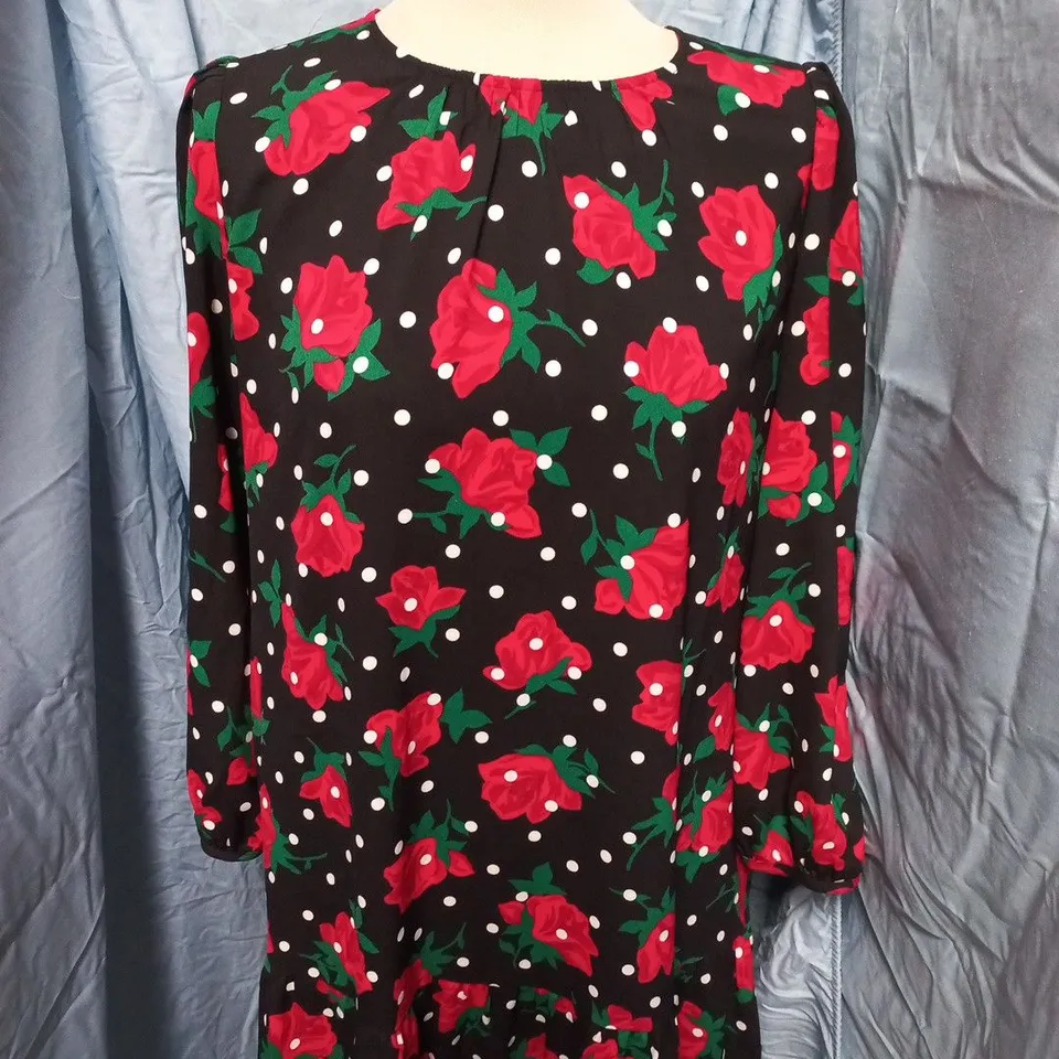 KATE SPADE NEW YORK BLACK FLORAL DRESS WITH RED ROSES & WHITE POLKA DOTS – SIZE M