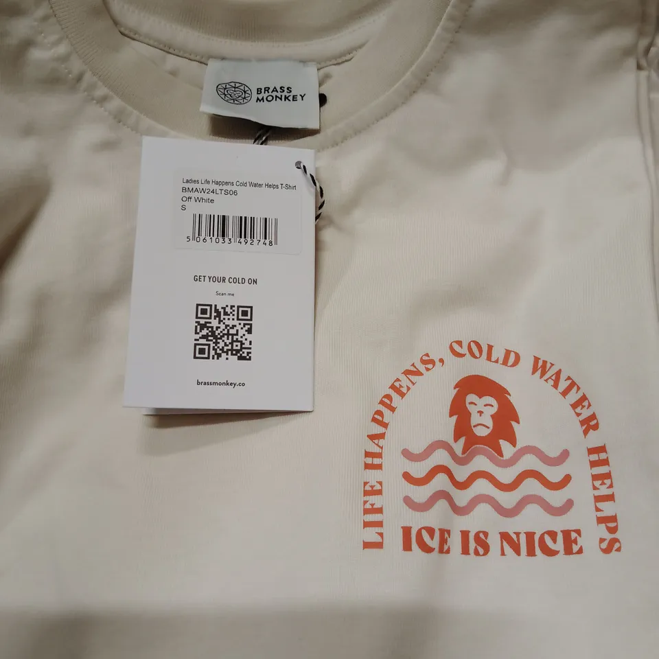 BOX OF APPROXIMATELY 14 X BRAND NEW BRASS MONKEY LADIES T-SHIRT - OFF WHITE // SIZE: S