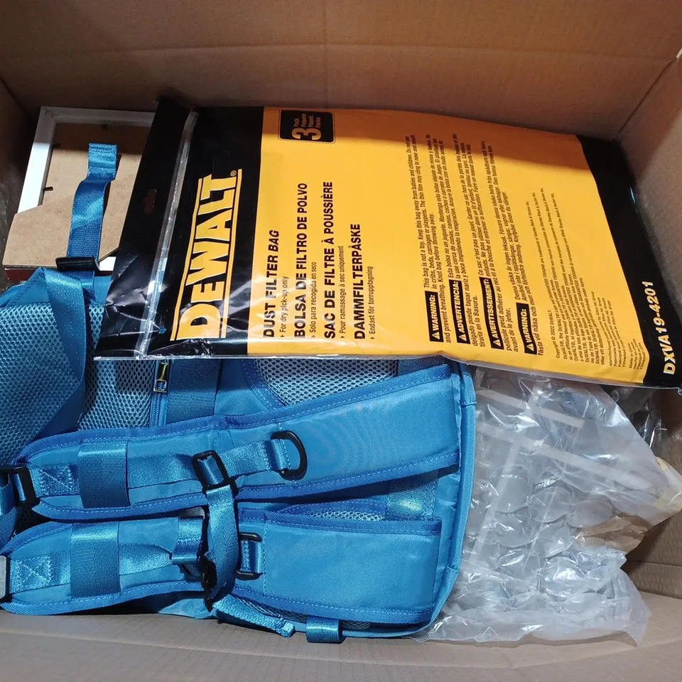 BOX OF APPROXIMATELY 12 ASSORTED ITEMS TO INCLUDE - DEWALT DUST FILTER BAG - SHOWER CADDY - LIGHT BLUE BAG ECT