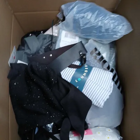 LARGE BOX OF ASSORTED CLOTHING ITEMS IN VARIOUS SIZES, STYLES AND COLOUR 