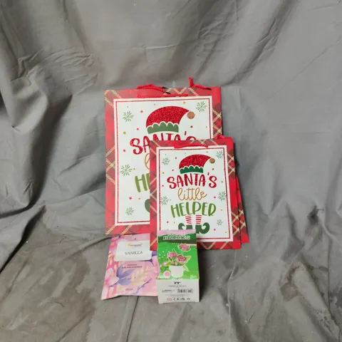 BOX OF APPROXIMATELY 50 ASSORTED HOUSEHOLD ITEMS INCLUDING CHRISTMAS GIFT BAGS OF VARIOUS SIZES AND DESIGNS, AIR FRESHENERS, MINI BRICKS TOY ETC