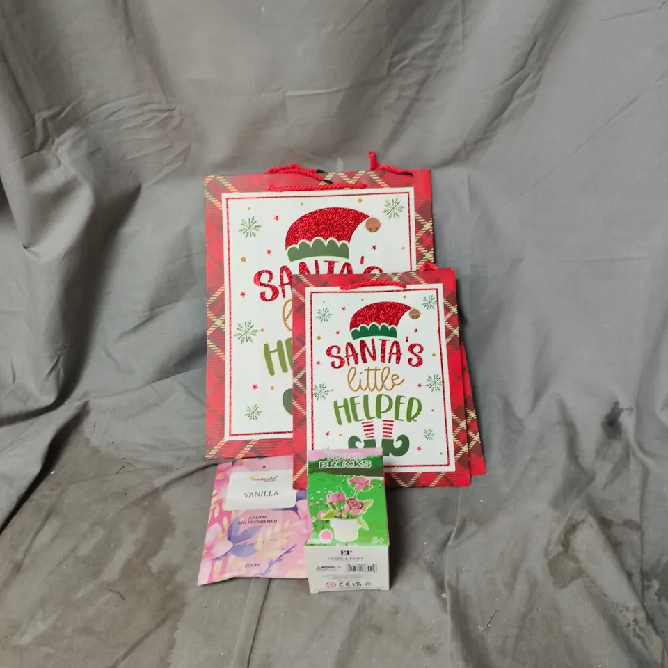 BOX OF APPROXIMATELY 50 ASSORTED HOUSEHOLD ITEMS INCLUDING CHRISTMAS GIFT BAGS OF VARIOUS SIZES AND DESIGNS, AIR FRESHENERS,  MINI BRICKS TOY ETC