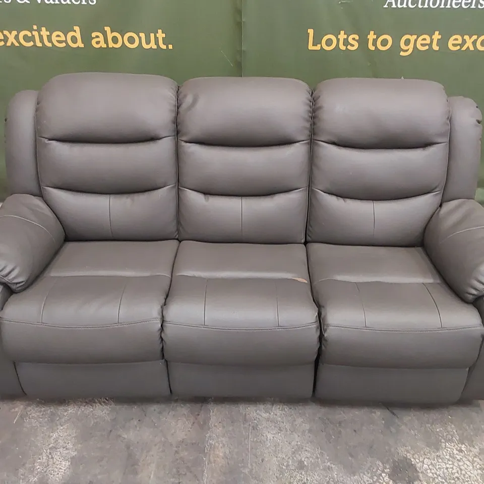 DESIGNER 3 SEATER MANUAL RECLINER LEATHER SOFA - GREY