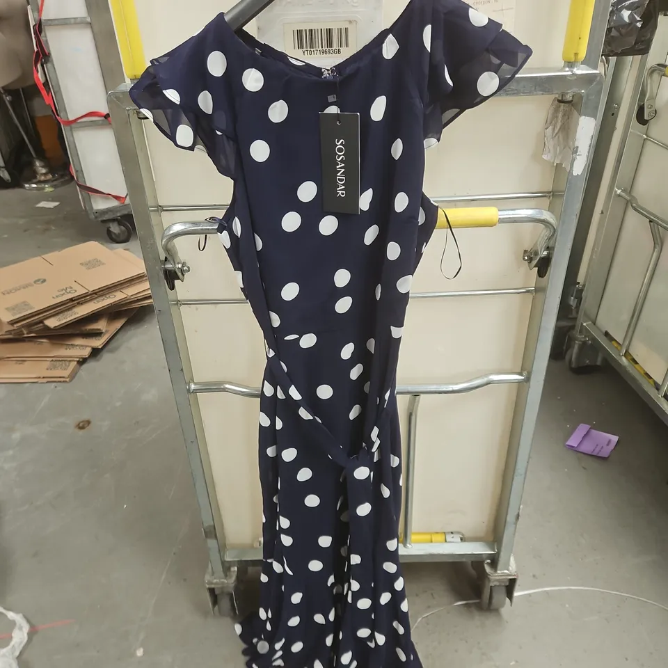 SOSANDER NAVY BLUE SPOT PRINT FRILL HEM MIDAXI DRESS UK 12 TAGGED