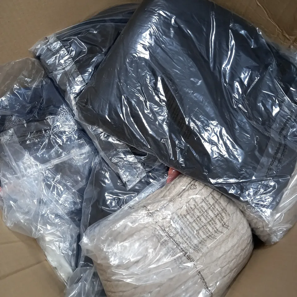 BOX OF ASSORTED CLOTHING ITEMS TOO INCLUDE TOPS , JUMPERS, AND PANTS ETC. 