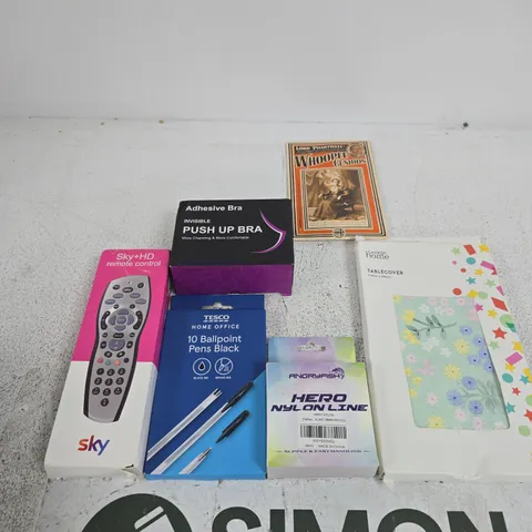 TOTE OF APPROXIMATELY 10 ASSORTED ITEMS INCLUDING GEORGE HOME TABLECOVER, ANGRYFISH HERO NYLON LINE AND TESCO HOME OFFICE 10 BALLPOINT PENS BLACK