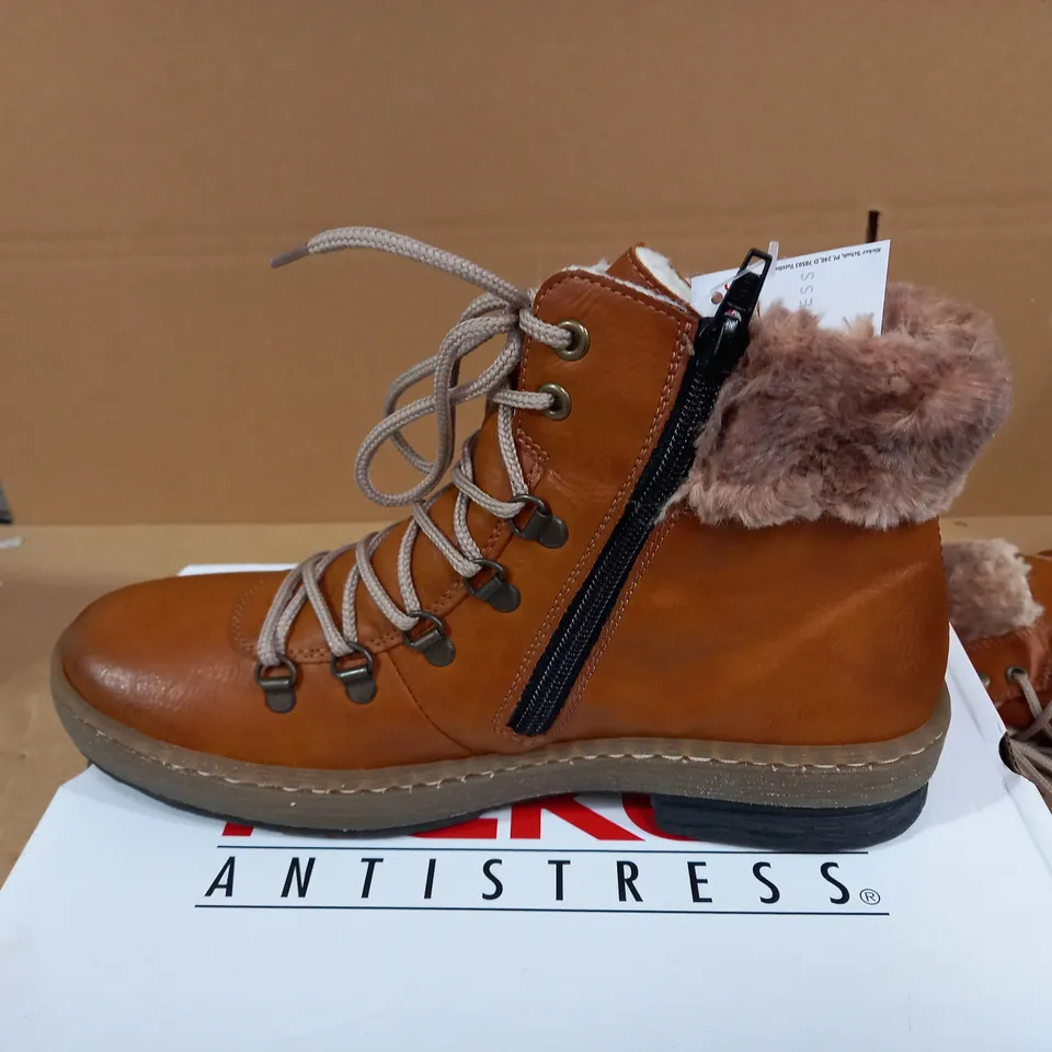 BOXED PAIR OF RIEKER LACE UP ANKLE BOOTS - TAN - UK SIZE 6.5