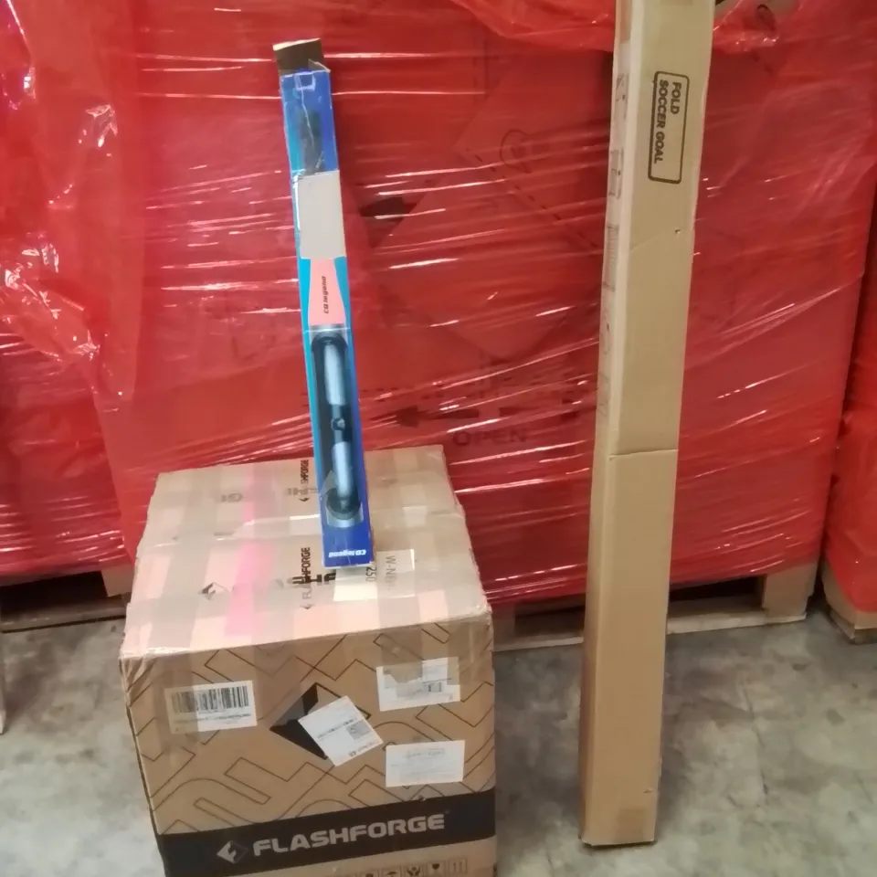 PALLET OF ASSORTED HOUSEHOLD GOODS AND PRODUCTS TO INCLUDE;3D PRINTER,WHEEL LOCK TOOL,FOOTBALL NET