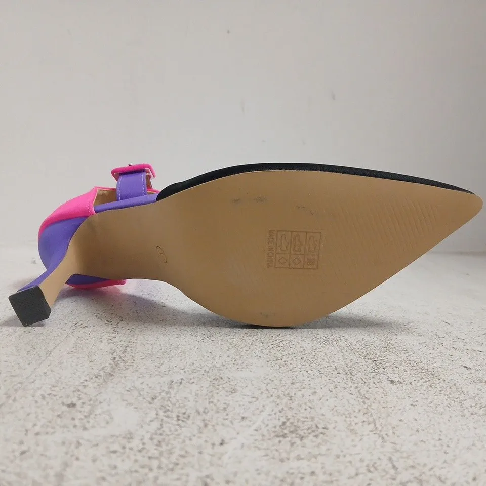 BOXED PAIR OF UNBRANDED POINTED TOE HEELS IN BLACK/PURPLE/PINK SIZE EU 42
