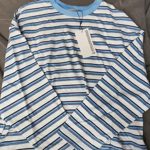 STRADIVARIUS LONG SLEEVE STRIPE T-SHIRT IN WHITE/BLUE/BLACK SIZE MEDIUM
