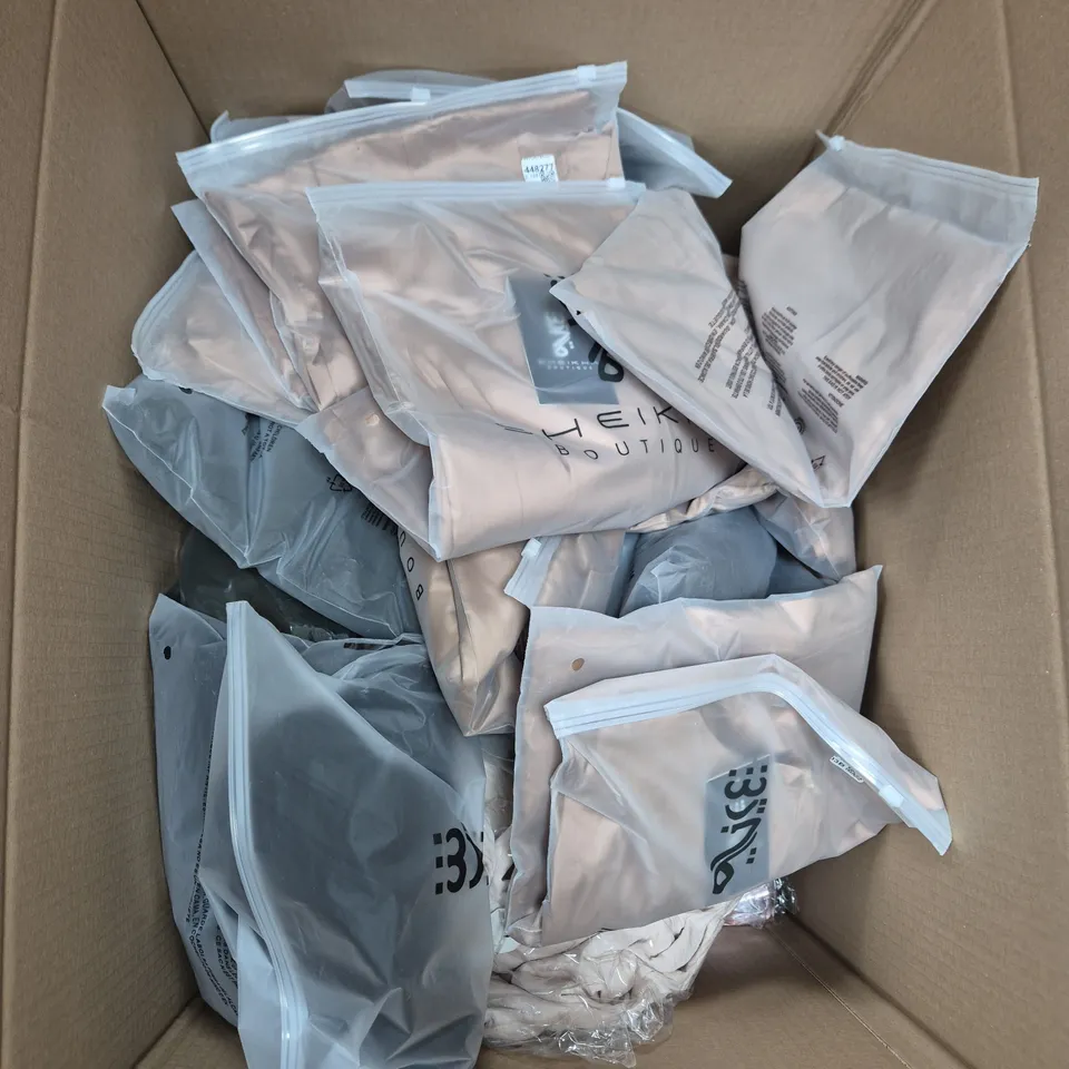 LARGE BOX OF ASSORTED CLOTHING ITEMS IN VARIOUS COLOURS, STYLES AND SIZES