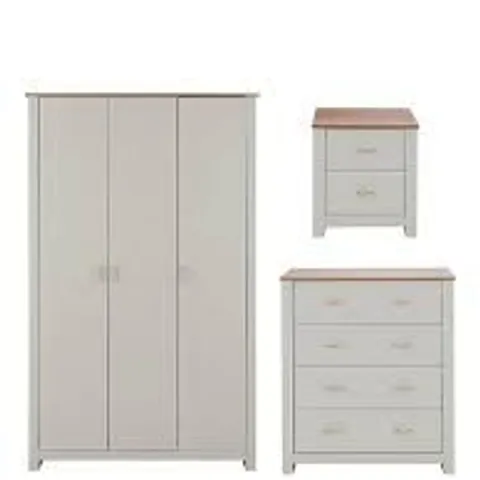 BOXED DAISY 3 PIECE KIDS BEDROOM FURNITURE PACKAGE - 3 DOOR WARDROBE, 4 DRAWER CHEST AND 2 DRAWER BEDSIDE CHEST - GREY/OAK (3 BOXES)