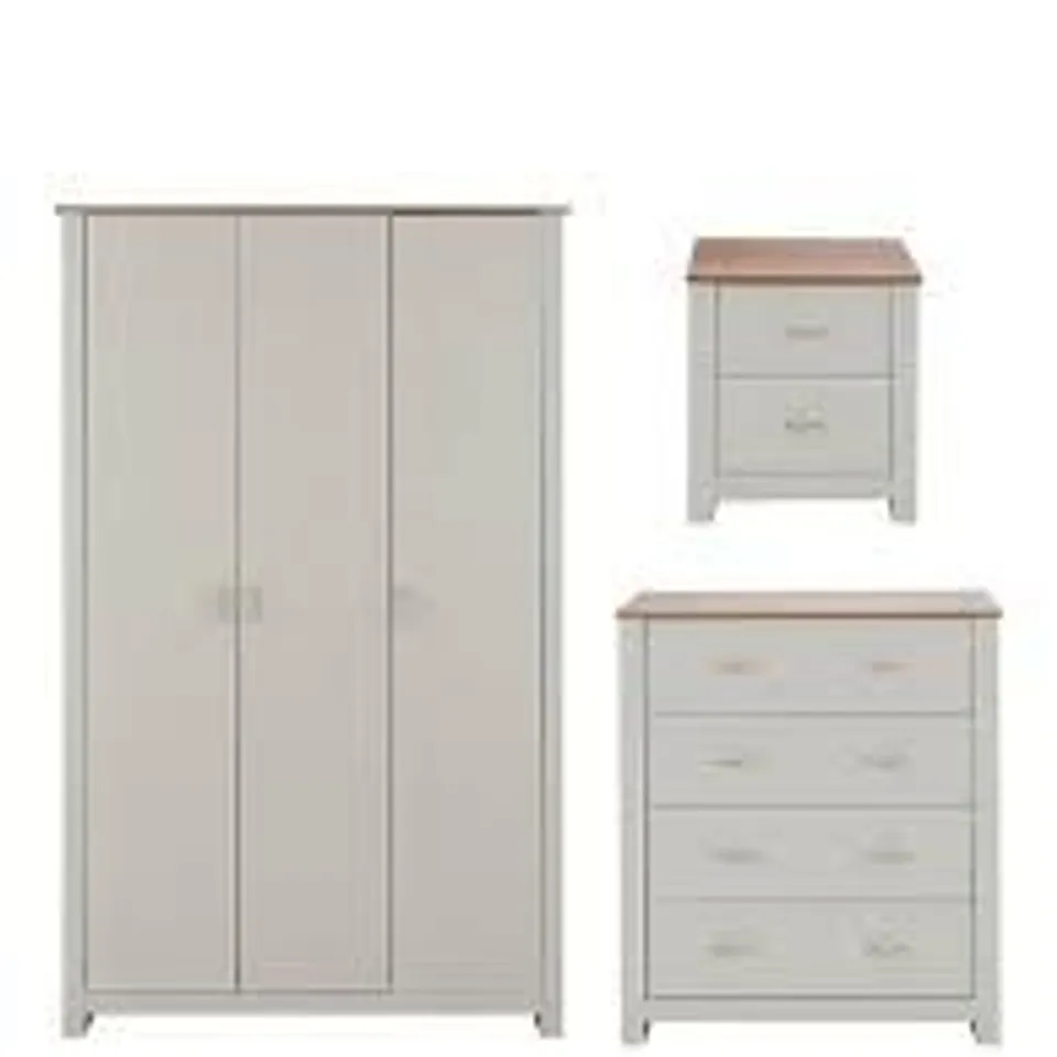 BOXED DAISY 3 PIECE KIDS BEDROOM FURNITURE PACKAGE - 3 DOOR WARDROBE, 4 DRAWER CHEST AND 2 DRAWER BEDSIDE CHEST - GREY/OAK (3 BOXES)