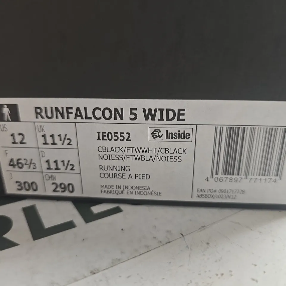 BOXED PAIR OF ADIDAS RUN FALCON 5 WIDE RUNNING SHOES - BLACK/WHITE, UK 11.5