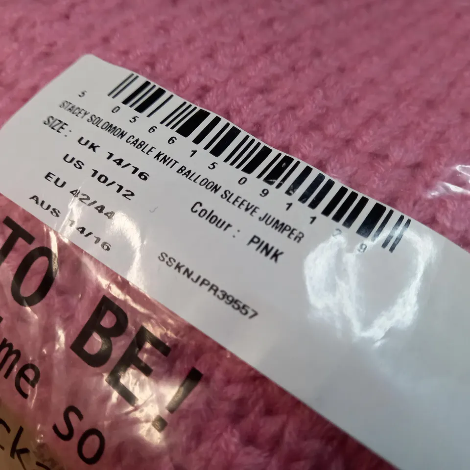 PACKAGED INTHESTYLE PINK CABLE KNIT BALLOON SLEEVE JUMPER - SIZE 14/16