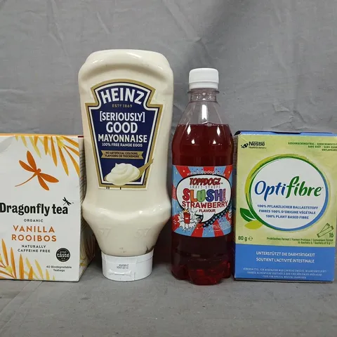 APPROXIMATELY 10 ASSORTED FOOD AND DRINK ITEMS TO INCLUDE MAYONNAISE, DRAGONFLY TEA, ETC
