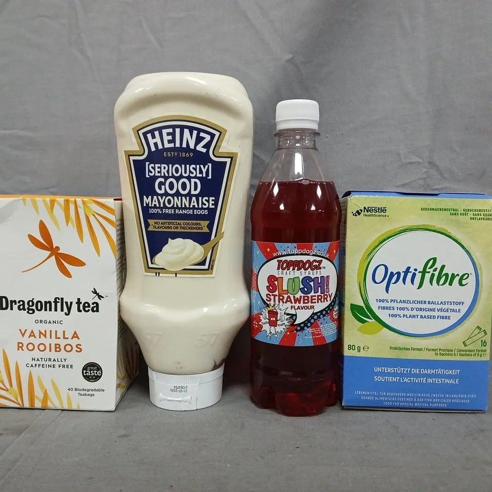 APPROXIMATELY 10 ASSORTED FOOD AND DRINK ITEMS TO INCLUDE MAYONNAISE, DRAGONFLY TEA, ETC