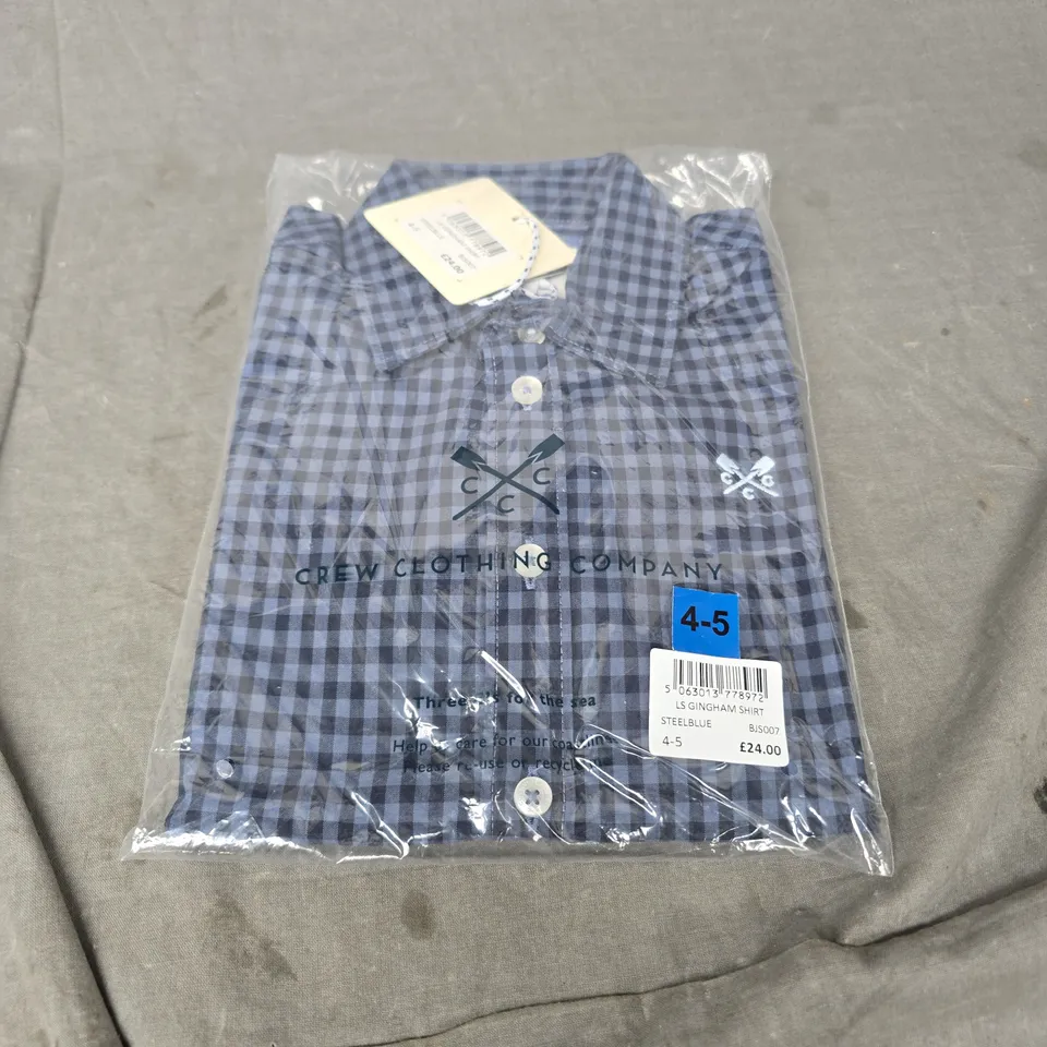 CREW CLOTHING COMPANY LONG SLEEVE GINGHAM SHIRT IN STEEL BLUE SIZE 4-5YRS