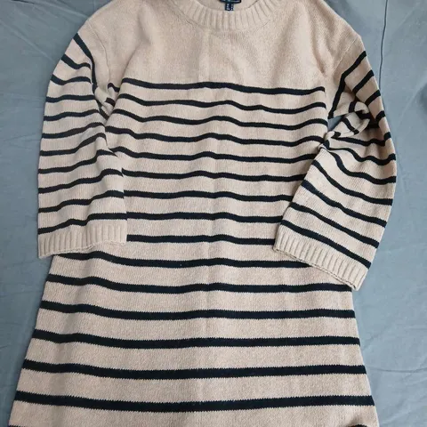 NOBODYS CHILD OVERSIZED CREW NECK MINI JUMPER DRESS IN STRIPED SAND/BLACK - UK MEDIUM