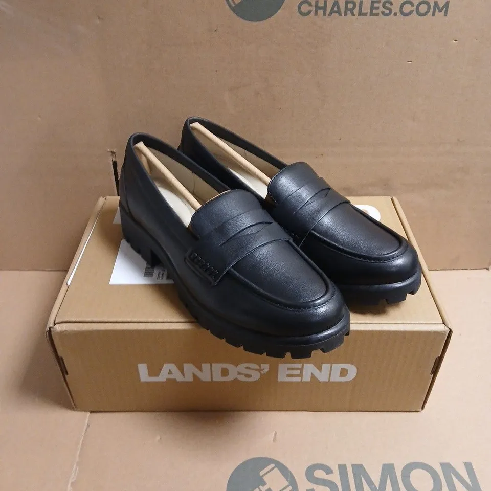 BOXED PAIR OF LANDS' END WOMEN'S LEATHER LOAFERS – BLACK, UK 6.5 