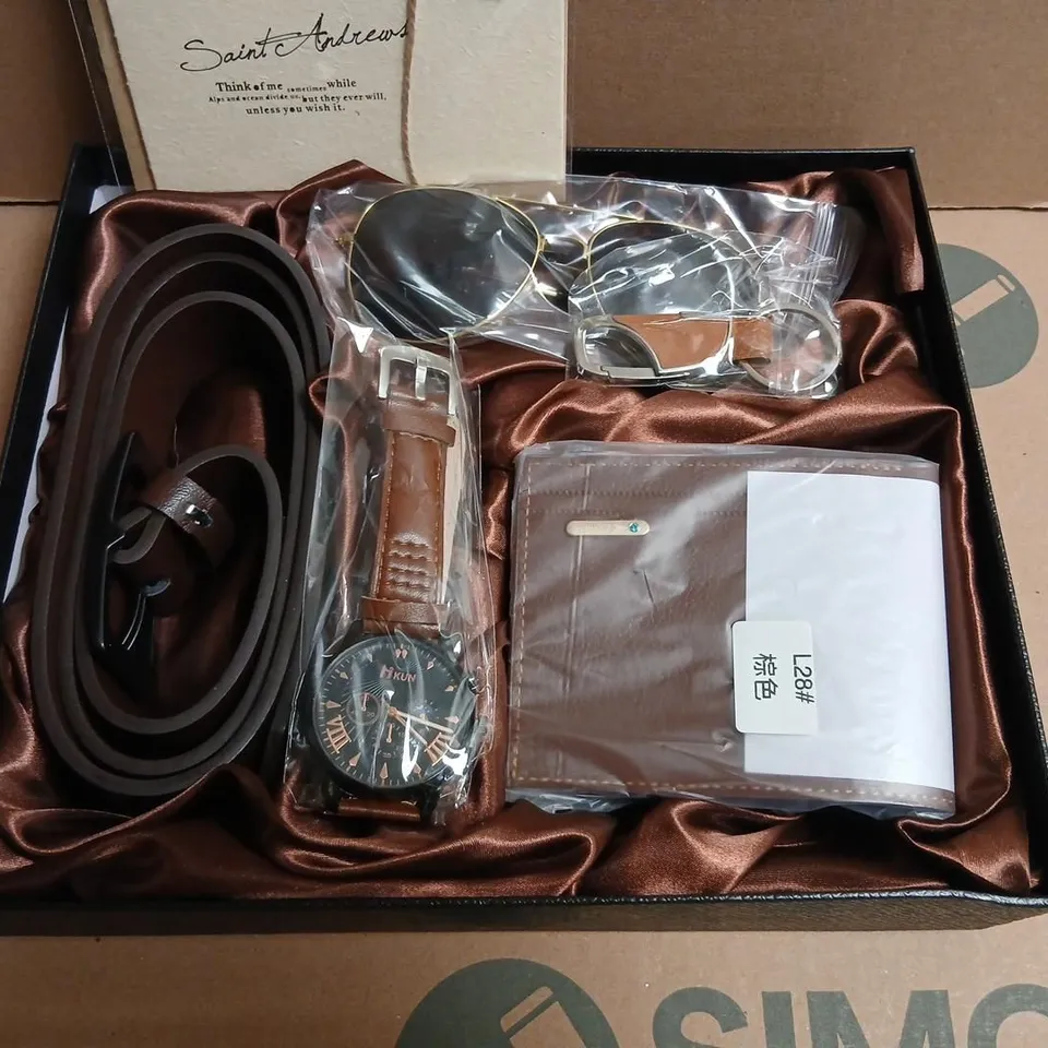 SAINT ANDREWS GIFT SET: WRISTWATCH WITH BROWN LEATHER STRAP, SUNGLASSES, BELT & WALLET