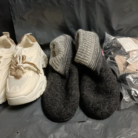 BOX OF APPROXIMATELY 15 ASSORTED PAIRS OF SHOES AND FOOTWEAR ITEMS IN VARIOUS COLOURS, STYLES, AND SIZES - COLLECTION ONLY