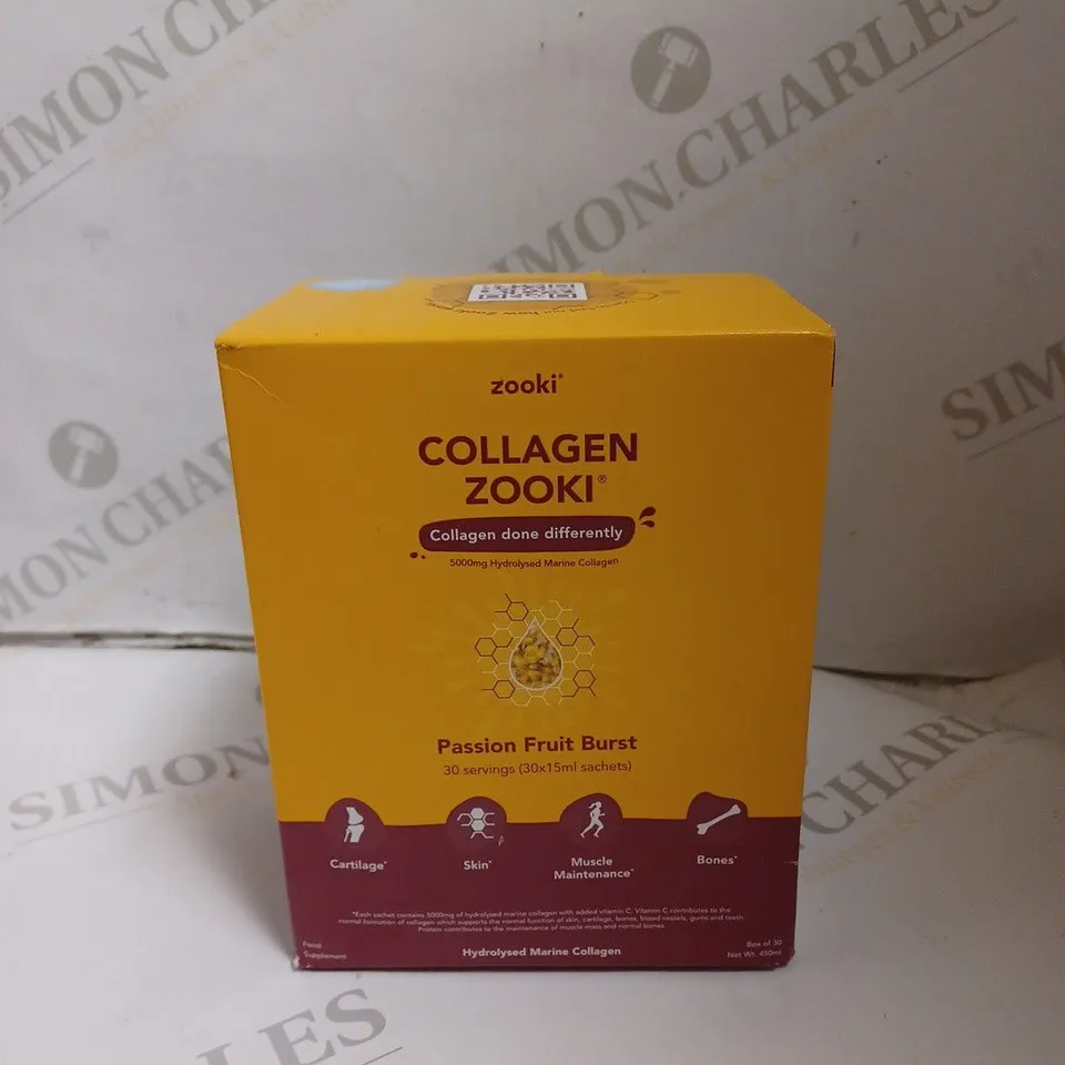 BOXED ZOOKI HYDROLYSED MARINE COLLAGEN SACHETS - 30 X 15ML - PASSION FRUIT BURST 
