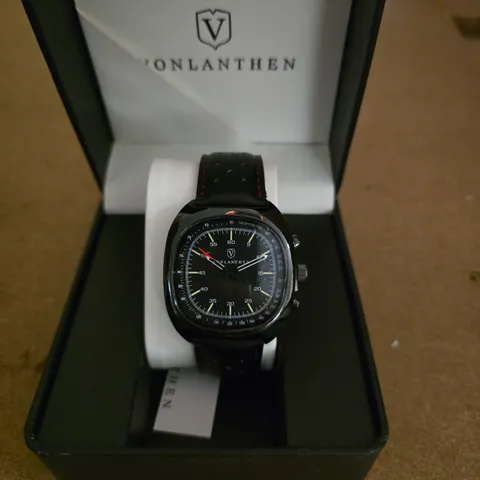 VONLANTHEN CHRONOGRAPH WRISTWATCH – BLACK DIAL, TACHYMETER BEZEL, LEATHER STRAP (BOXED)