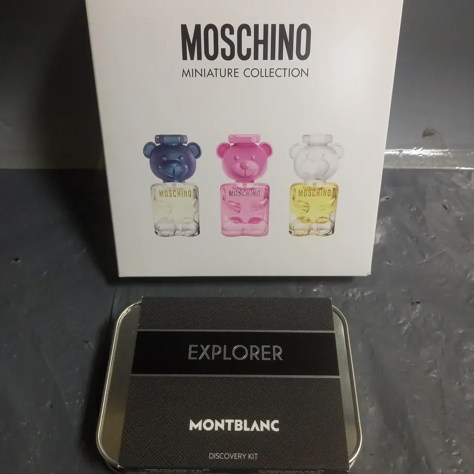 LOT OF 2 ASSORTED COSMETIC BOXSETS TO INCLUDE - MONTBLANC EXPLORER EAU DE PARFUM DISCOVERY KIT AND MOSCHINO MINIATURE COLLECTION