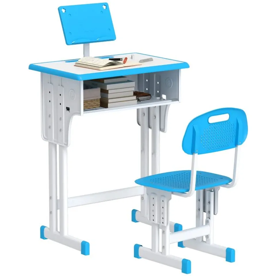 BOXED HOMCOM KIDS ADJUSTABLE DESK AND CHAIR SET, BOOK STAND, PEN SLOT - BLUE