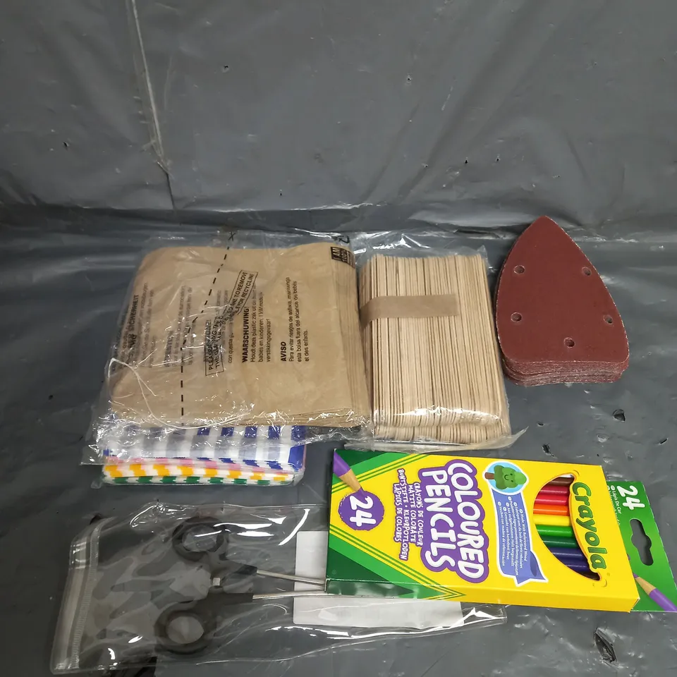 APPROXIMATELY 10 ASSORTED HOUSEHOLD ITEMS TOO INCLUDE PENCILS , SCISSORS , SANDPAPER , ETC 