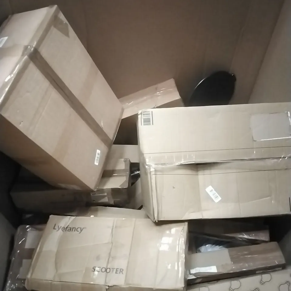 PALLET OF ASSORTED HOUSEHOLD GOODS AND PRODUCTS TO INCLUDE; SCOOTER, BOXED FURNITURE ETC