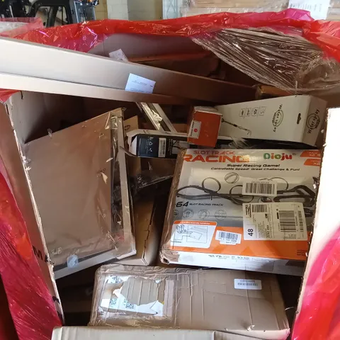 PALLET OF ASSORTED HOUSEHOLD GOODS AND PRODUCTS TO INCLUDE; TOY RACE TRACK, BLINDS, WATER SPRAY MOP ETC