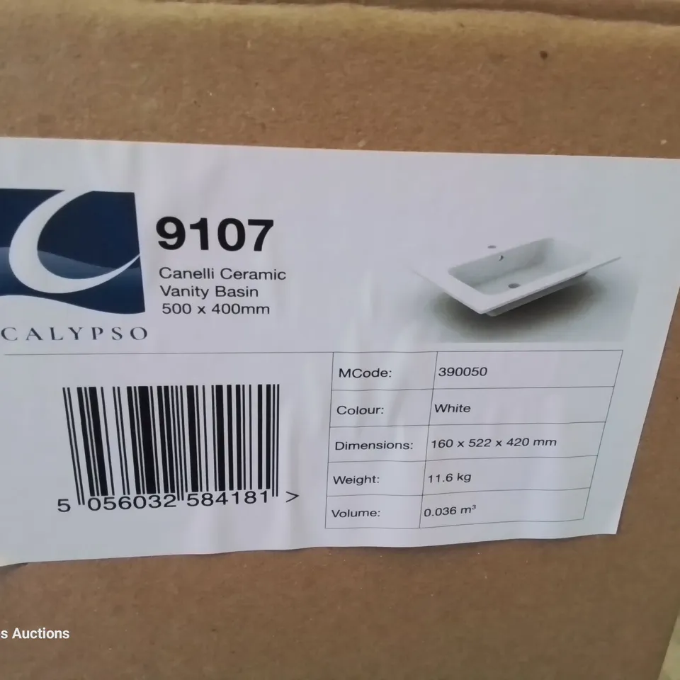 BOXED CANELLI CERAMIC SINGKE TAP VANITY BASIN WHITE 500 × 400mm