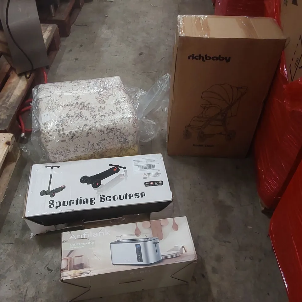 PALLET CONTAINING A LARGE QUANTITY OF ASSORTED ITEMS INCLUDING: RICHBABY PRAM, LARGE RUG, KIDS SCOOTER, ANFILANK TOASTER