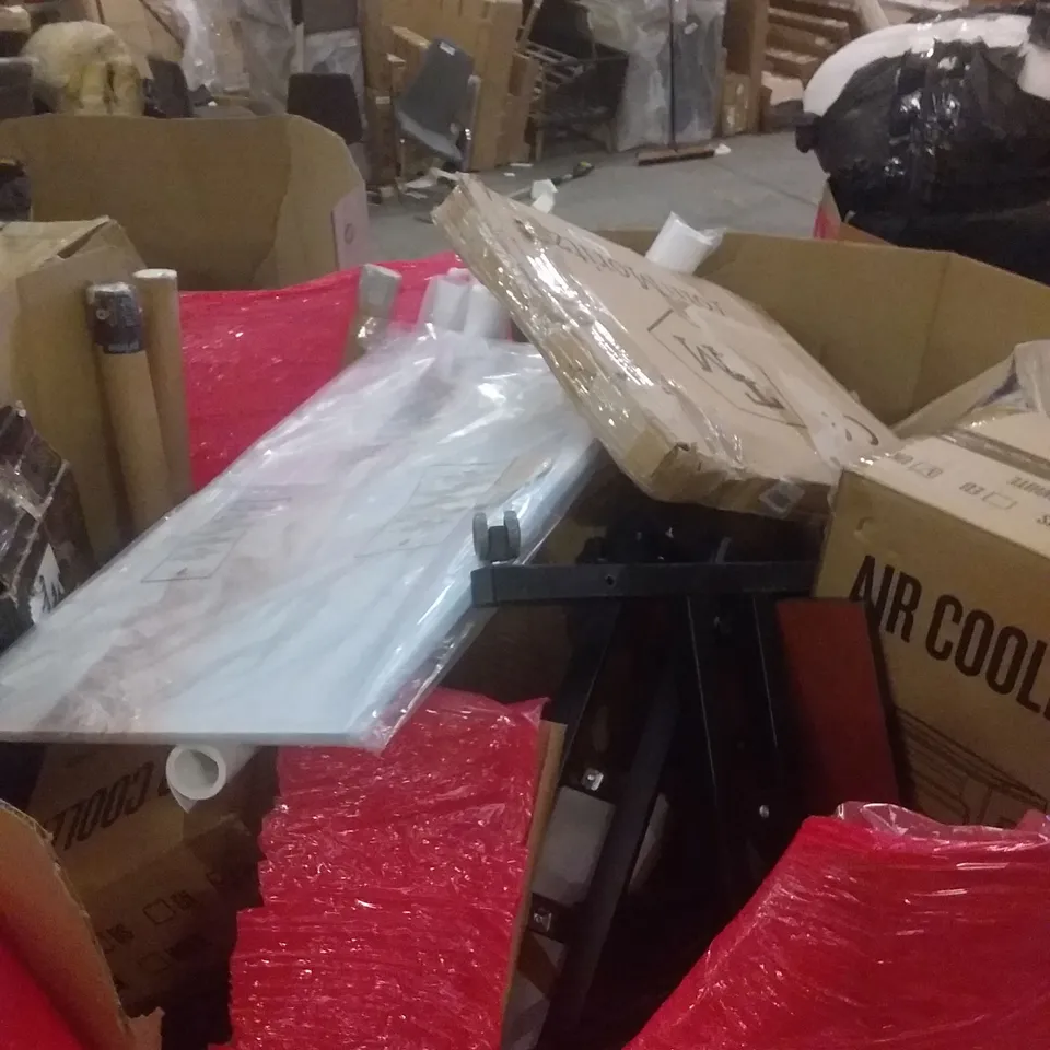 PALLET OF ASSORTED ITEMS INCLUDING MINI FRIDGE , AIR COOLER , WISPA CADBURY EASTER EGGS , PVC BACKDROP,  THERMOSTATIC ROUND SHOWER KIT 