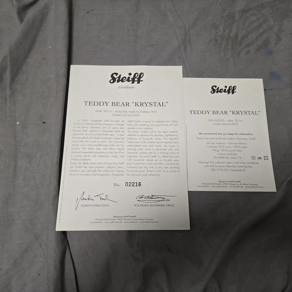 STEIFF TEDDY BEAR 'KRYSTAL' – CREAM MOHAIR, 30 CM, WITH TWO STEIFF CERTIFICATES