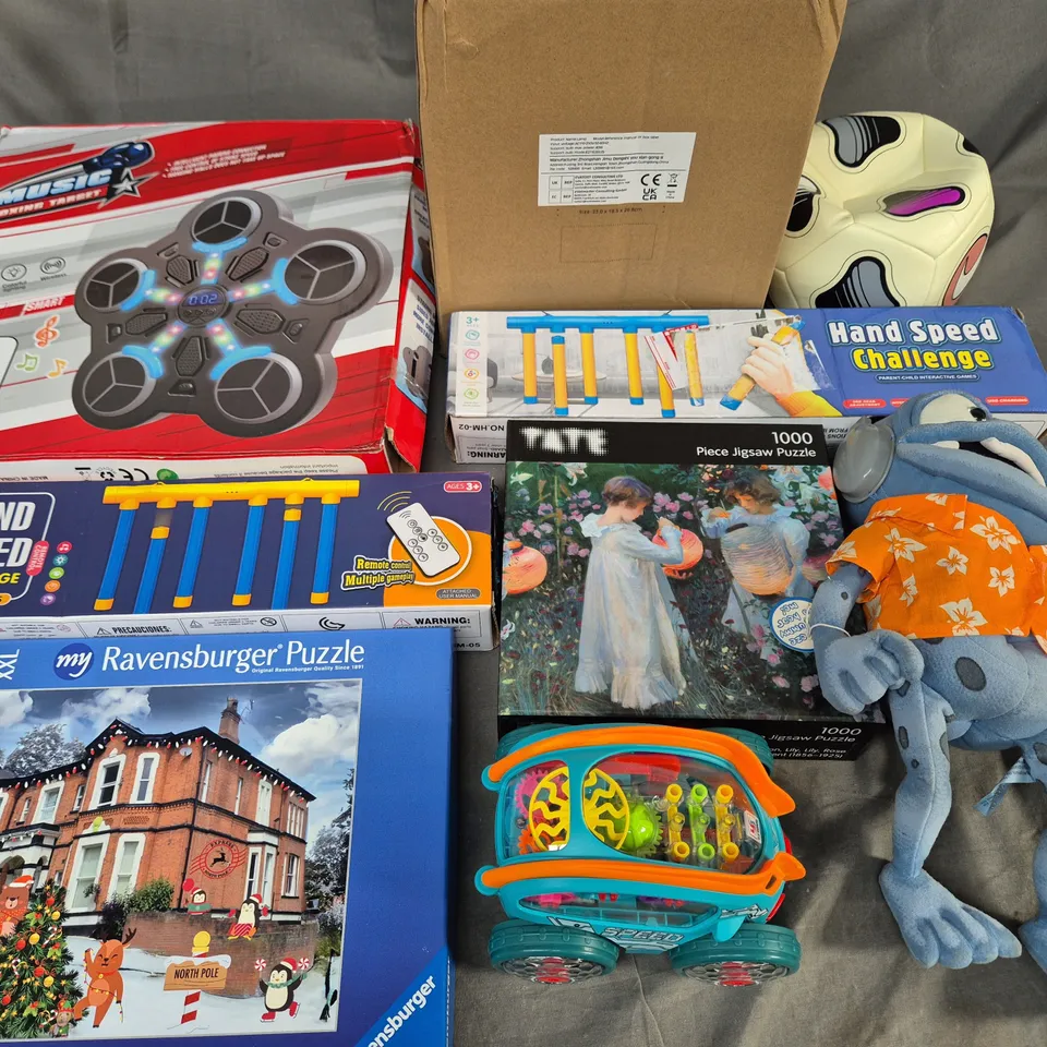 LOT OF APPROXIMATELY 25 ASSORTED TOYS AND GAMES MUSIC BOXING TARGET, JIGSAW AND FOOTBALL