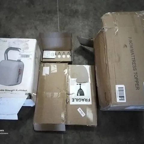 PALLET OF ASSORTED ITEMS INCLUDING ADJUSTABLE STRENGTH KETTLEBELLS, LED BULBS, MATTRESS TOPPER, ROUND BLACK BATHROOM MIRROR