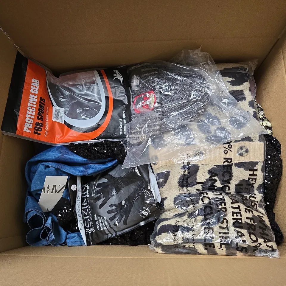 LARGE BOX OF ASSORTED CLOTHING ITEMS IN VARIOUS SIZES, STYLES AND COLOUR 