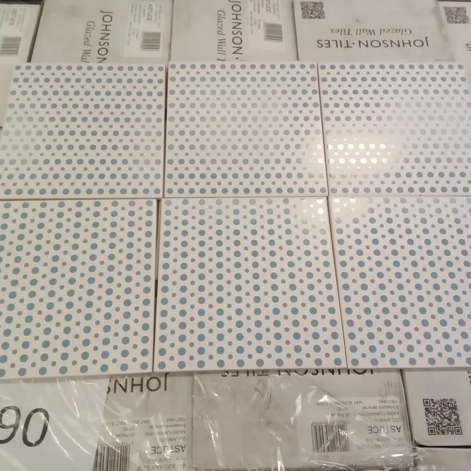 PALLET OF APPROXIMATELY 94 BOXES OF 25 BRAND NEW ASTUCE MAT BLEU BALT 3 DOT 20X20CM TILES & 25 BRAND NEW ASTUCE MAT GRIS GALET 3 MON 20×20CM TILES