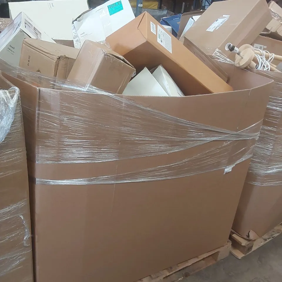PALLET CONTAINING A VERY LARGE QUANTITY OF ASSORTED DESIGNER LIGHTING PRODUCTS INCLUDING: FULTON 3 LIGHT SPOTLIGHT, AMALFI TABLE LAMP, HURRICANE PENDANT LIGHT, DESK LAMP ECT
