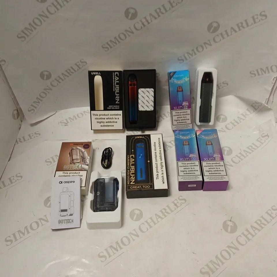 BOXED ASPIRE GOTEK X WITH USB CABLE AND MANUAL, PLUS 3X OXVA XLIM XE AND 2X UWELL CALIBURN